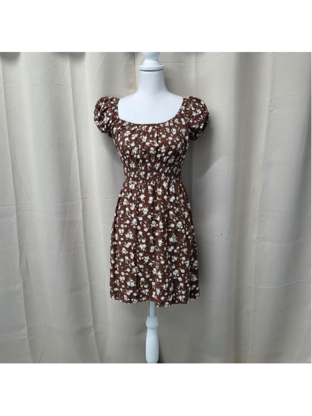 Streetwear Society Brown Floral Mini Dress Puffy Sleeves Summer Size S